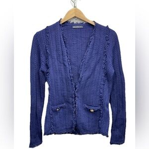 Alashan Cotton Cashmere Cardigan Small Sapphire Blue Fringe Hook Eye pocket Boho